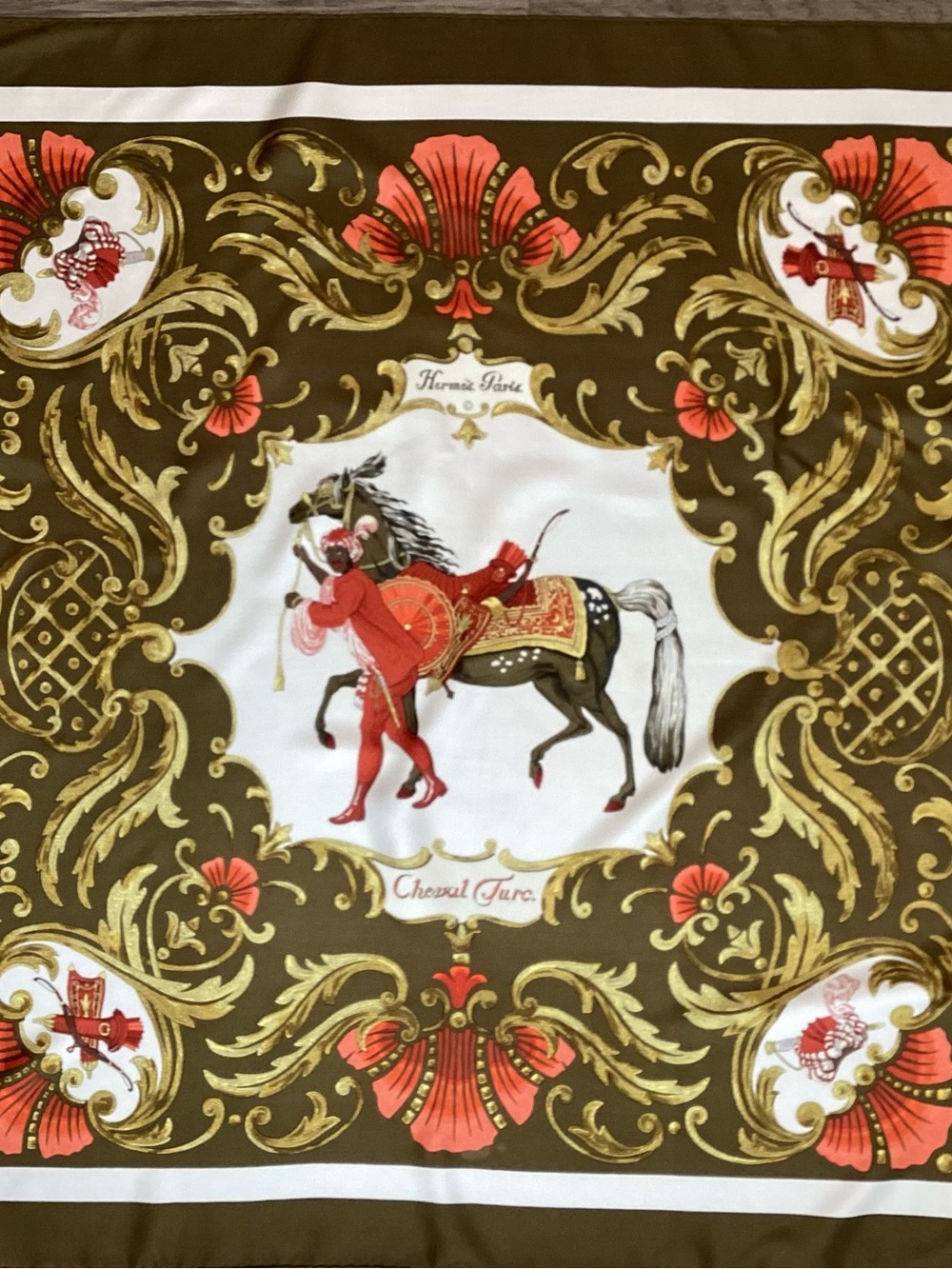Hermès Cheval Turc Silk Scarf - Brown, Coral & Gold